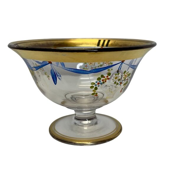 Hand-Painted Glass Compote Dish with Floral and Gold Accents, European Style - Picture 2 of 6